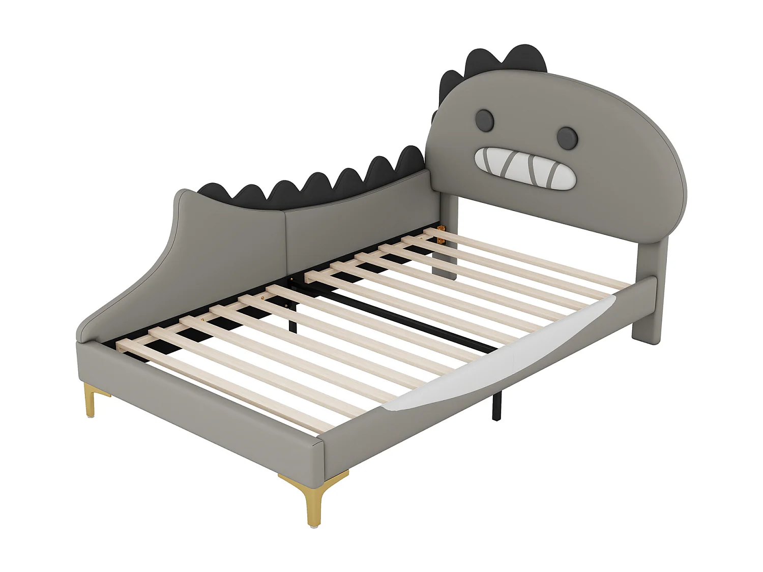 Bed van 90x200cm, kinderbed in de vorm van een cartoondinosaurus, plat bed met lattenbodem en hoofdeinde, PU-materiaal, groen