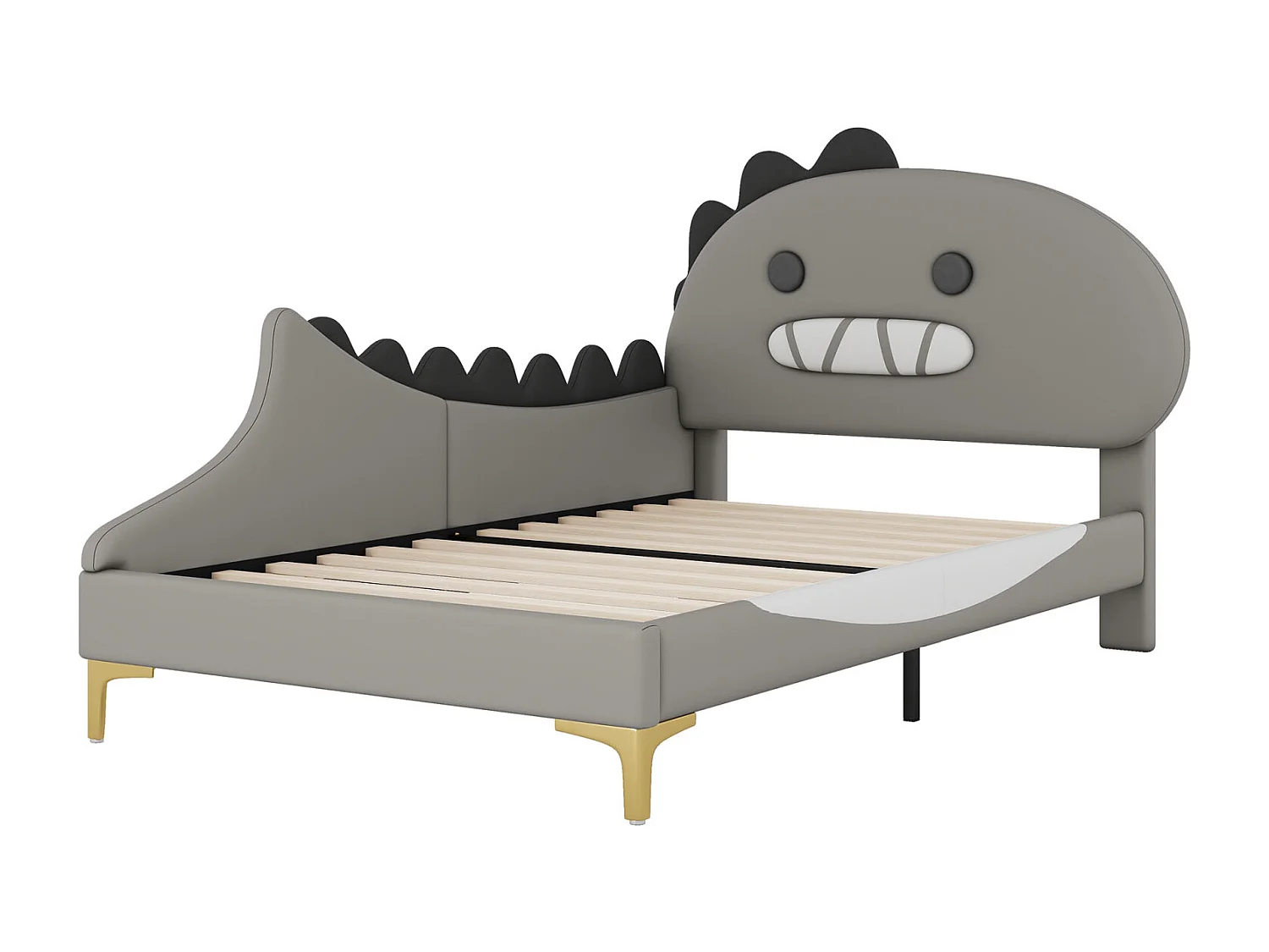 Bed van 90x200cm, kinderbed in de vorm van een cartoondinosaurus, plat bed met lattenbodem en hoofdeinde, PU-materiaal, groen