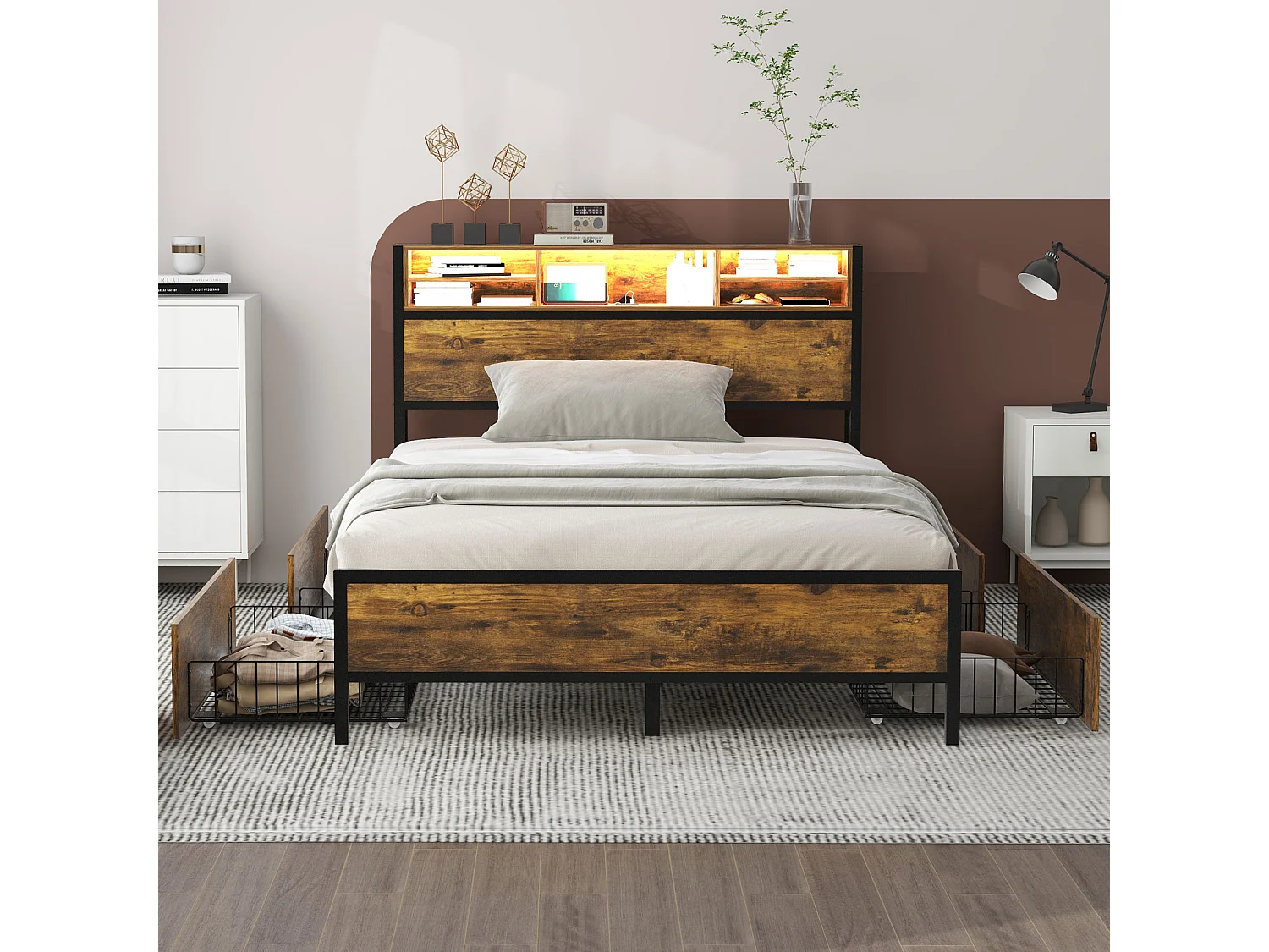 Cama de adulto com 4 gavetas, estrado de ripas, cabeceira LED com função de carregamento e arrumação USB, MDF + metal, castanho 140x200cm