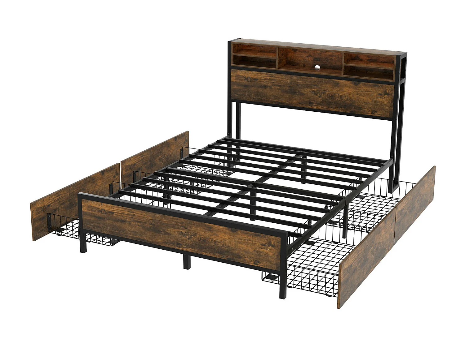 Cama de adulto com 4 gavetas, estrado de ripas, cabeceira LED com função de carregamento e arrumação USB, MDF + metal, castanho 140x200cm
