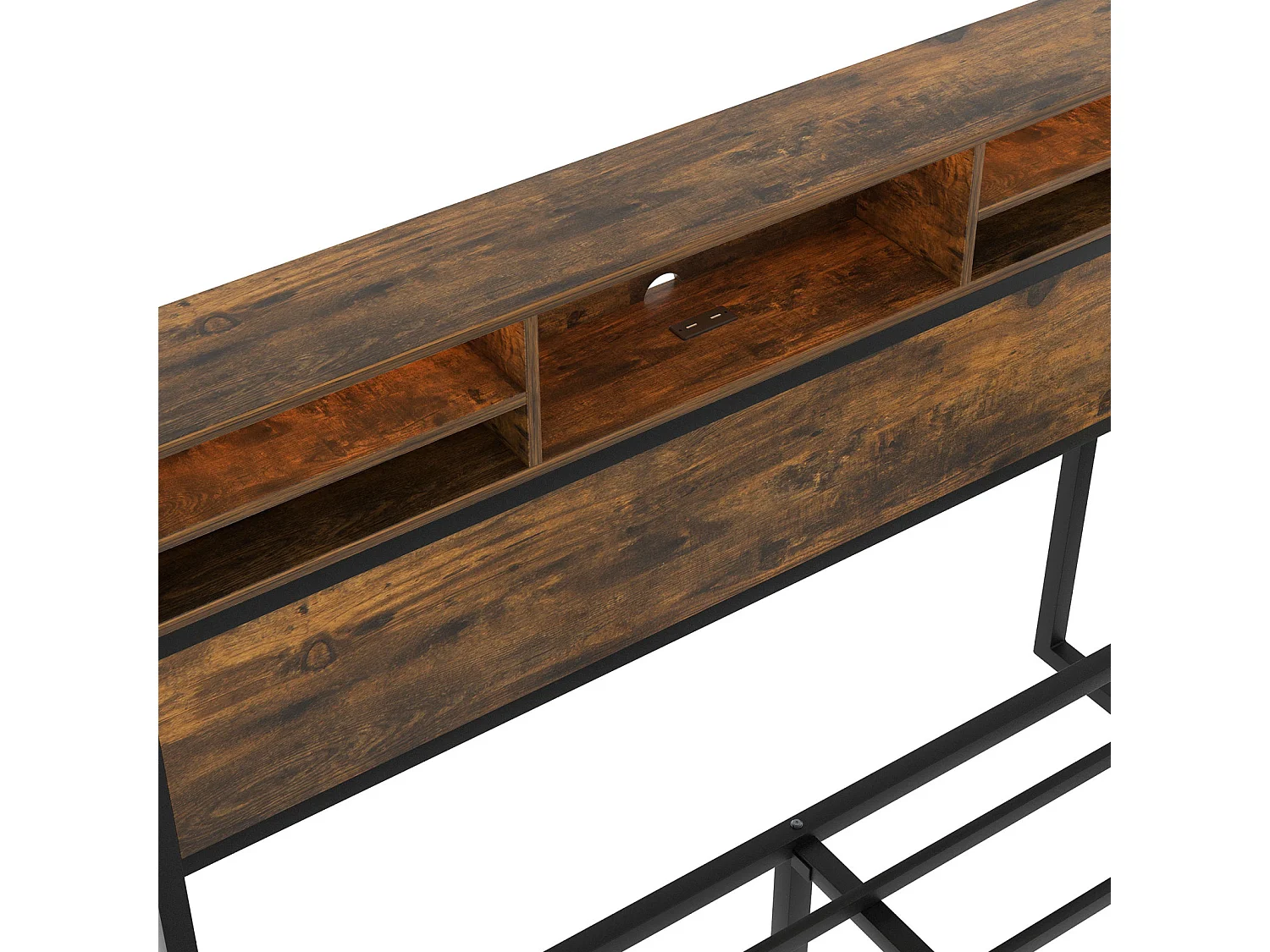 Cama de adulto com 4 gavetas, estrado de ripas, cabeceira LED com função de carregamento e arrumação USB, MDF + metal, castanho 140x200cm