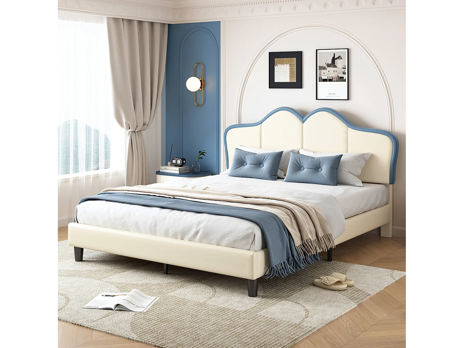 Polsterbett/Polsterbett, Kinderbett, Einzelbett, Jugendbett 140x200cm mit Lattenrost-Kopfteil, stabile Füße, PU, weiß+blau