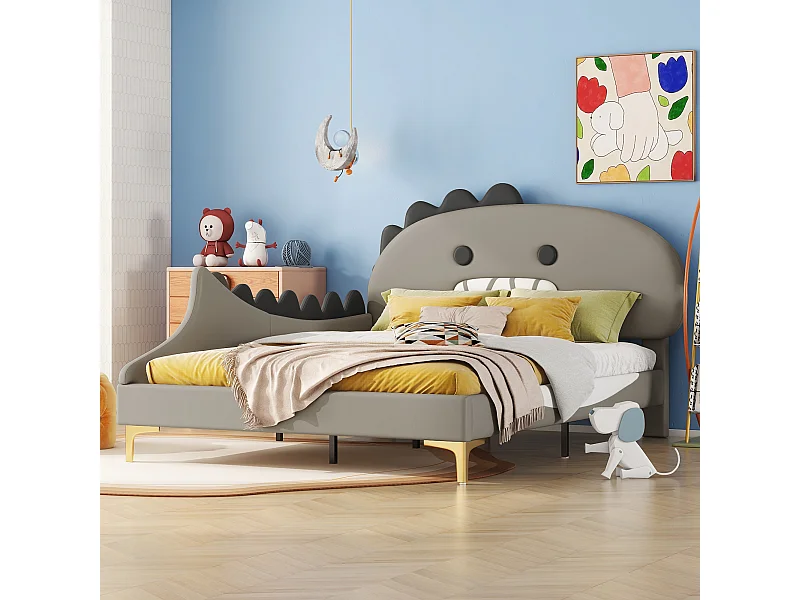 Letto 140x200 cm, Letto per Bambini a Forma di Dinosauro dei Cartoni Animati, Letto Piano con Rete a Doghe e Testiera, Materiale PU, Verde