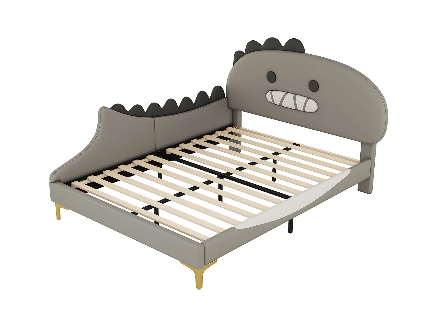 Bed van 140x200cm, kinderbed in de vorm van een cartoondinosaurus, plat bed met lattenbodem en hoofdeinde, PU-materiaal, groen