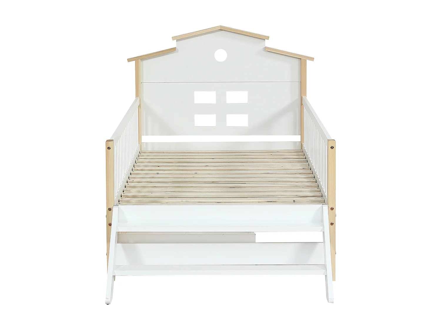 Lit enfant, lit bébé 90x200 cm, pin + MDF, avec 2 tiroirs et marches latérales, avec sommier à lattes et tête de lit, blanc