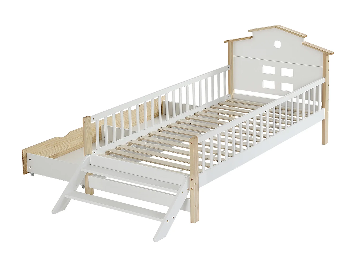 Lit enfant, lit bébé 90x200 cm, pin + MDF, avec 2 tiroirs et marches latérales, avec sommier à lattes et tête de lit, blanc