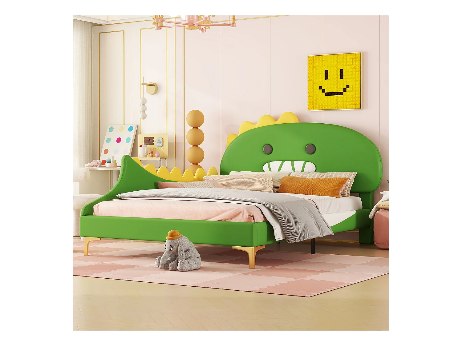 Lit 140x200cm, lit d'enfant en forme de dinosaure de dessin animé, lit plat avec sommier à lattes et tête de lit, matériel PU, gris