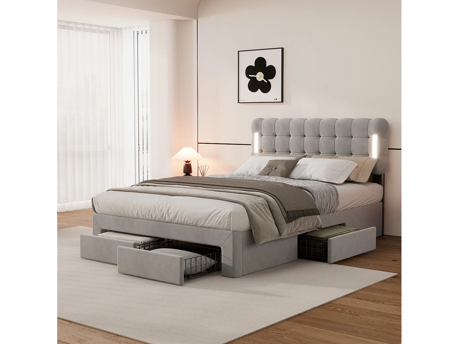 Lit double 140x200cm, lit capitonné avec 4 tiroirs, sommier à lattes et tête de lit LED, velours, gris