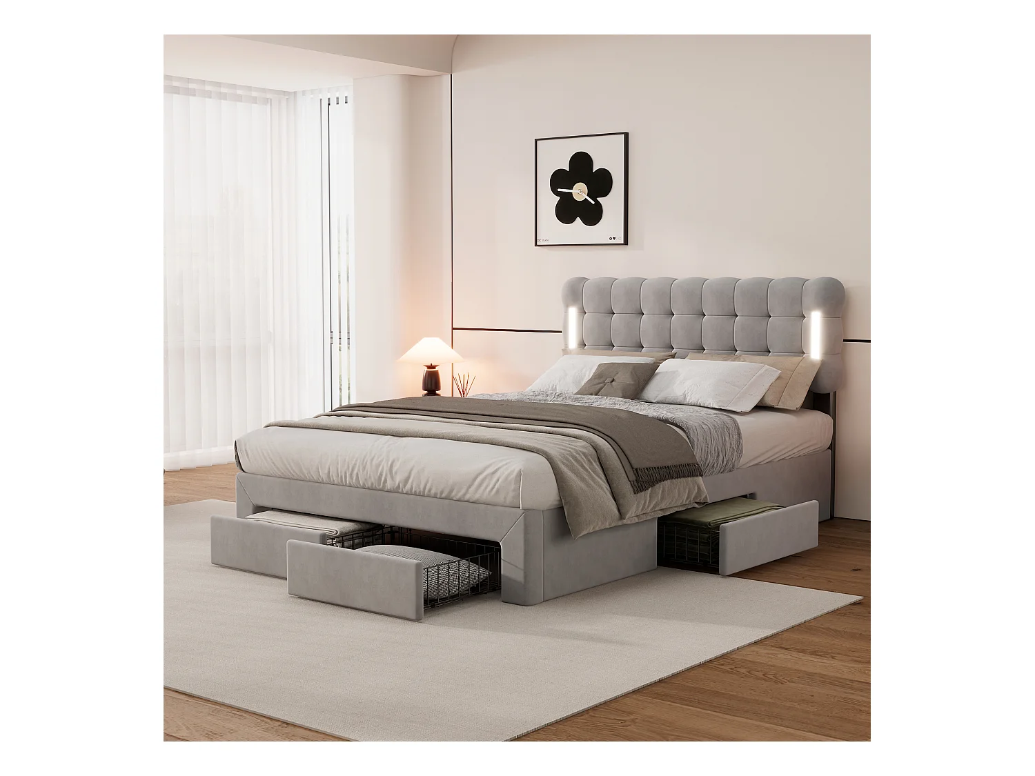 Tweepersoonsbed 140x200cm, gestoffeerd bed met 4 lades, lattenbodem en LED hoofdbord, fluweel, grijs