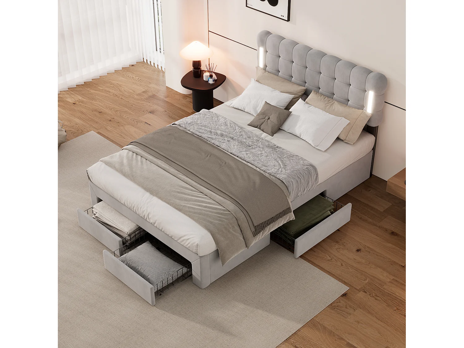 Tweepersoonsbed 140x200cm, gestoffeerd bed met 4 lades, lattenbodem en LED hoofdbord, fluweel, grijs