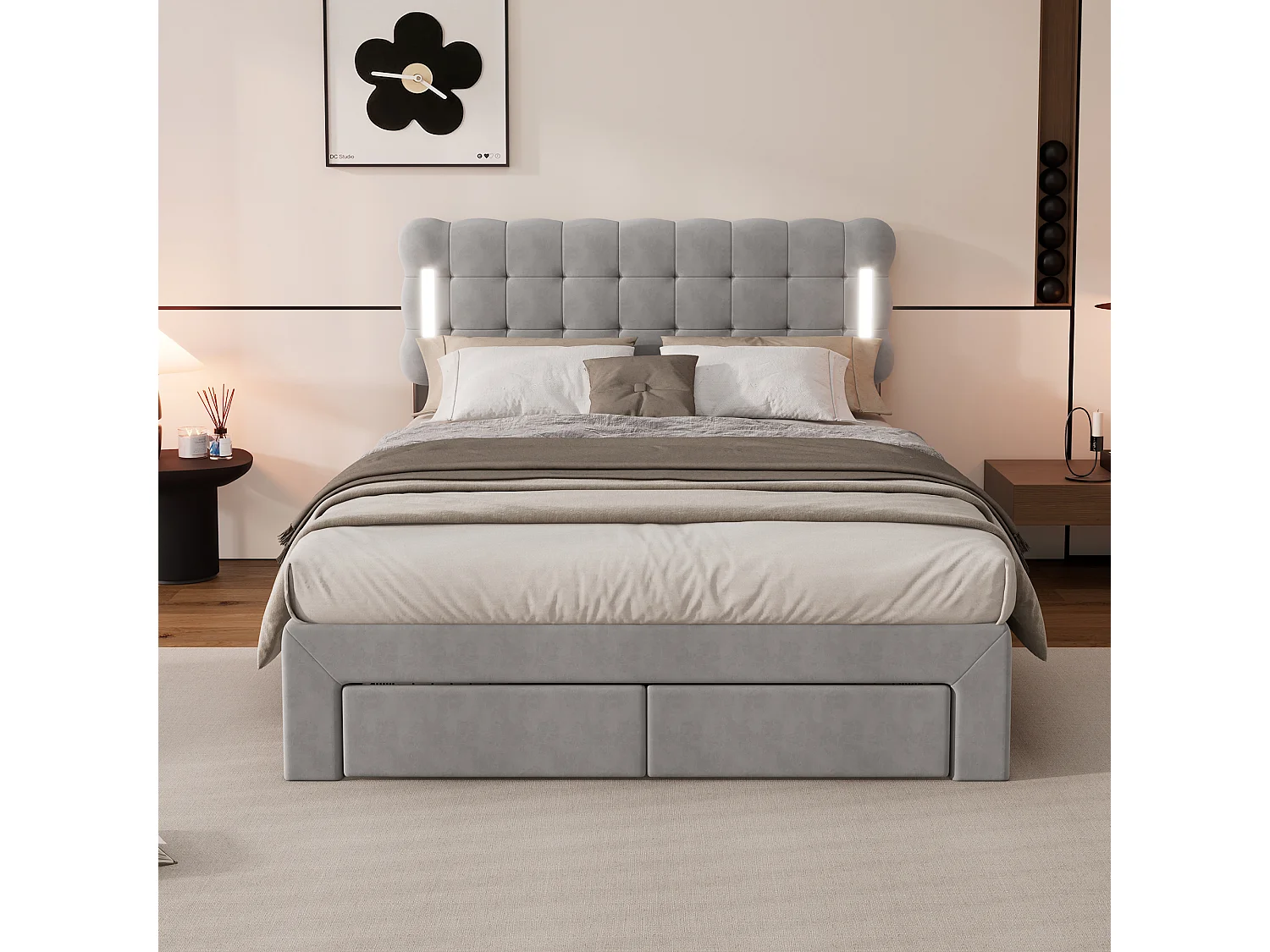 Tweepersoonsbed 140x200cm, gestoffeerd bed met 4 lades, lattenbodem en LED hoofdbord, fluweel, grijs