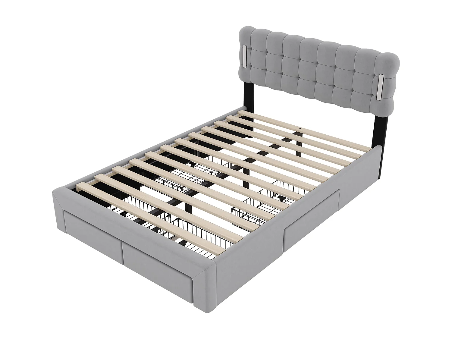 Tweepersoonsbed 140x200cm, gestoffeerd bed met 4 lades, lattenbodem en LED hoofdbord, fluweel, grijs