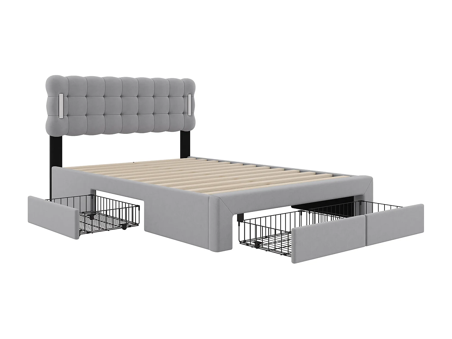 Tweepersoonsbed 140x200cm, gestoffeerd bed met 4 lades, lattenbodem en LED hoofdbord, fluweel, grijs