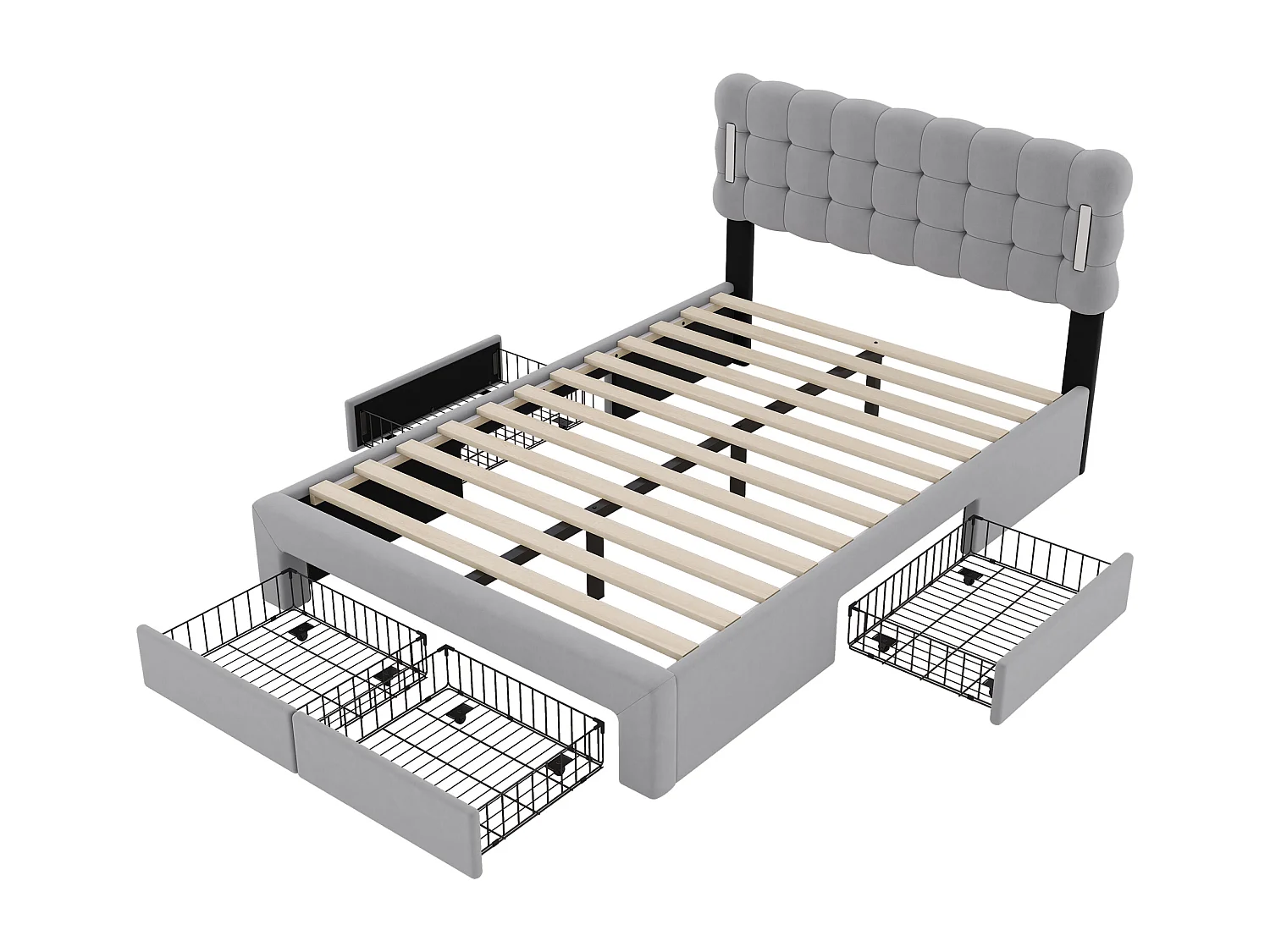 Tweepersoonsbed 140x200cm, gestoffeerd bed met 4 lades, lattenbodem en LED hoofdbord, fluweel, grijs