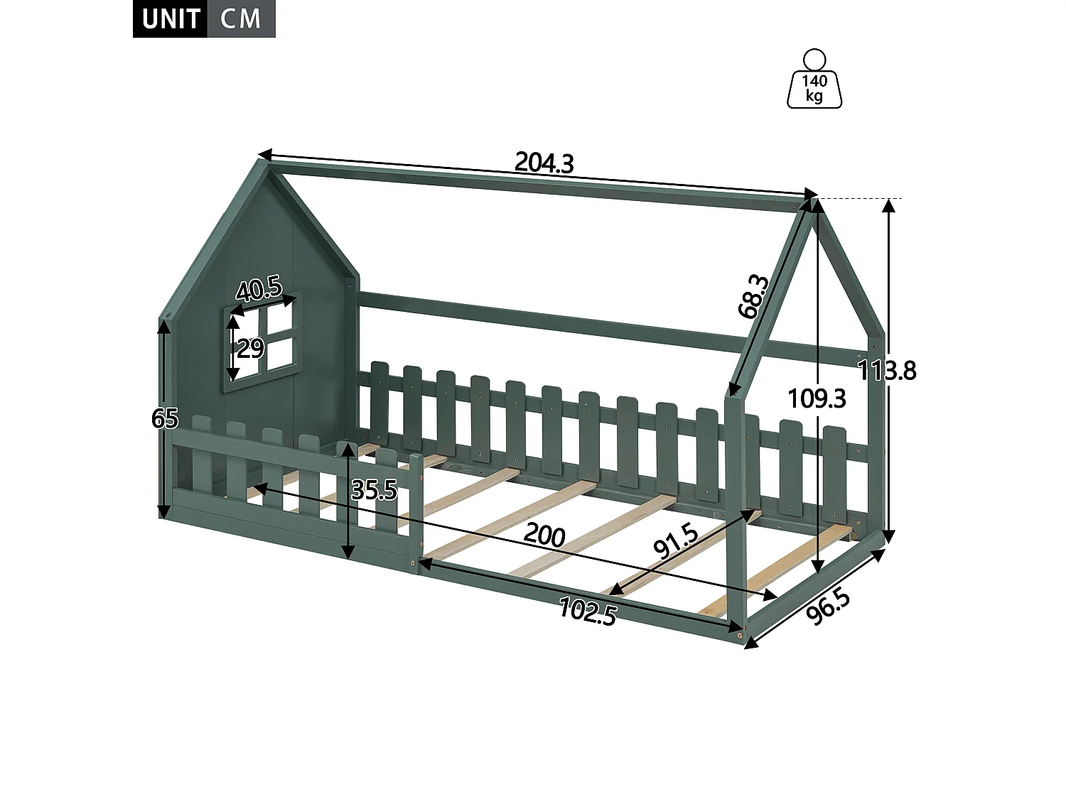 Hochbett 90x200cm, flaches Kinderbett mit Hausstange, Lattenrost, Kiefer, grün