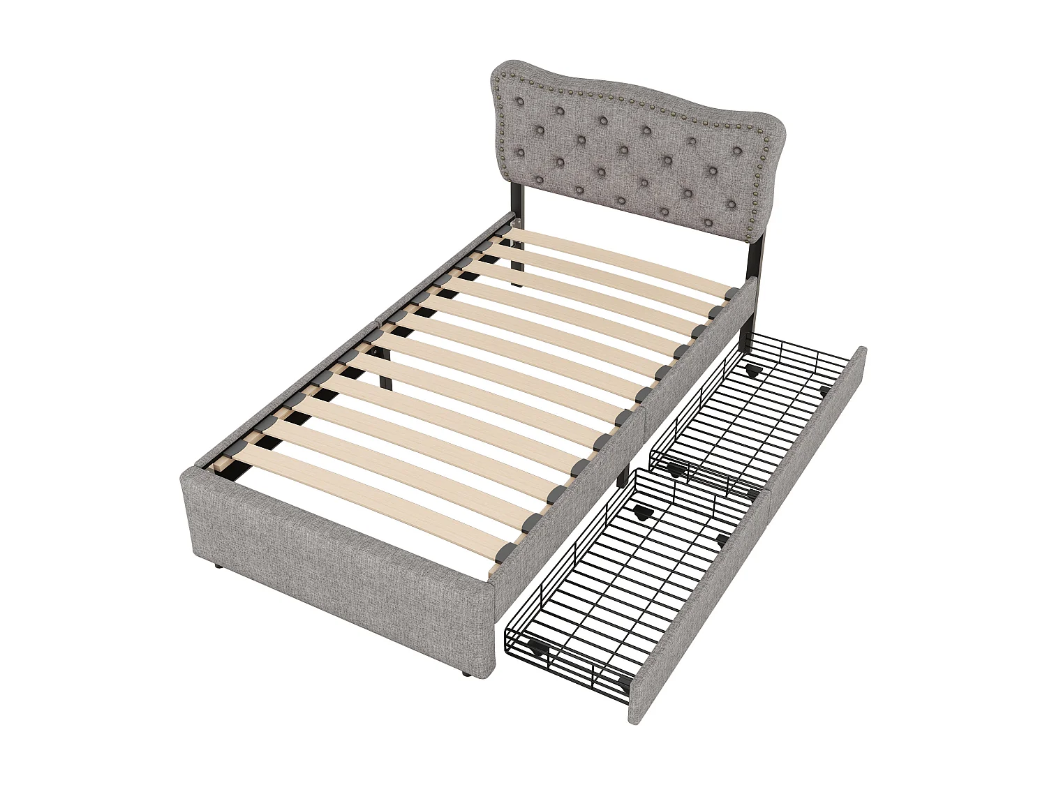 letto basso, letto imbottito, rivestimento del comodino con rivetti decorativi, doppi cassetti, grigio, 90*200 cm
