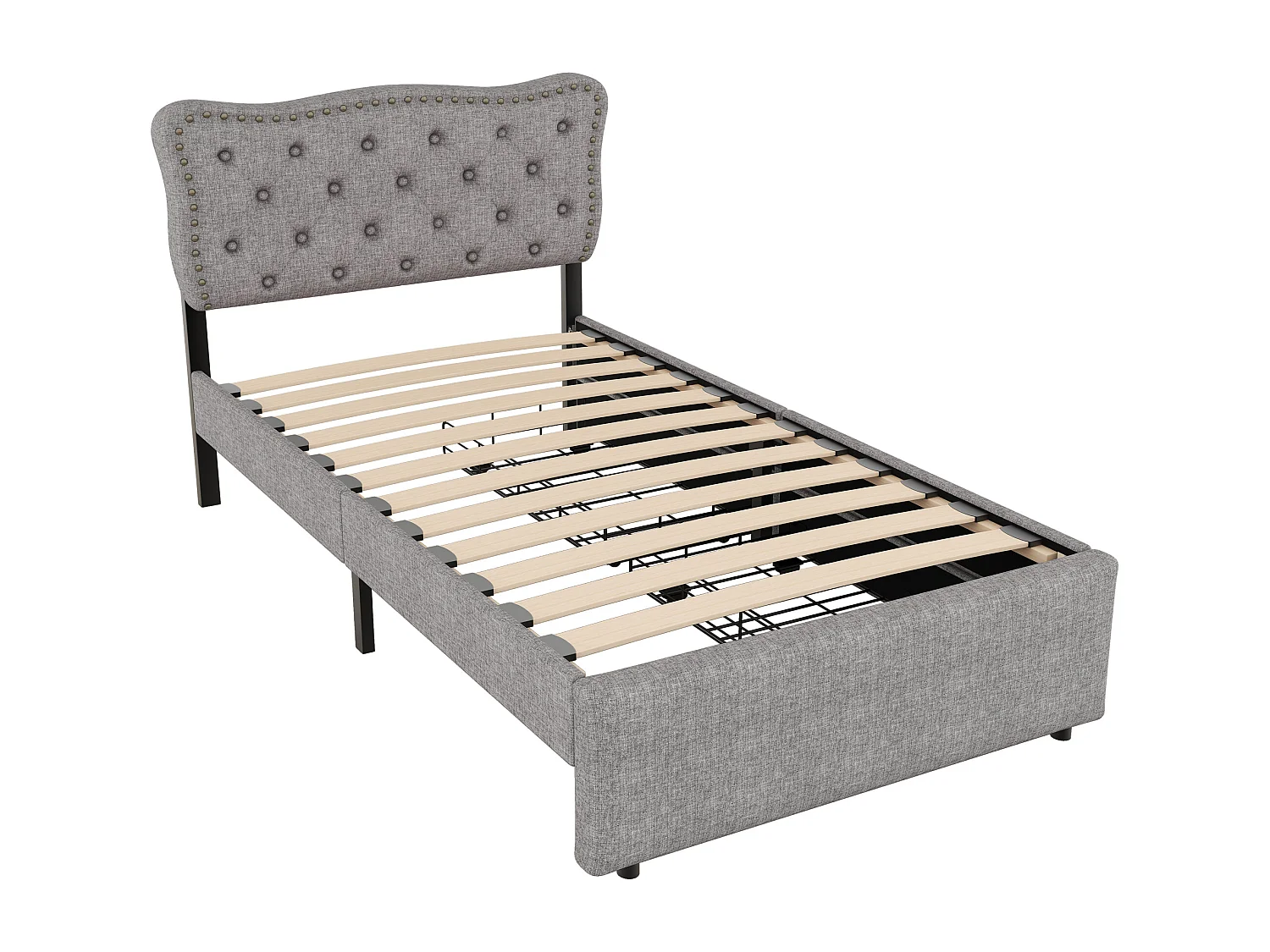 letto basso, letto imbottito, rivestimento del comodino con rivetti decorativi, doppi cassetti, grigio, 90*200 cm