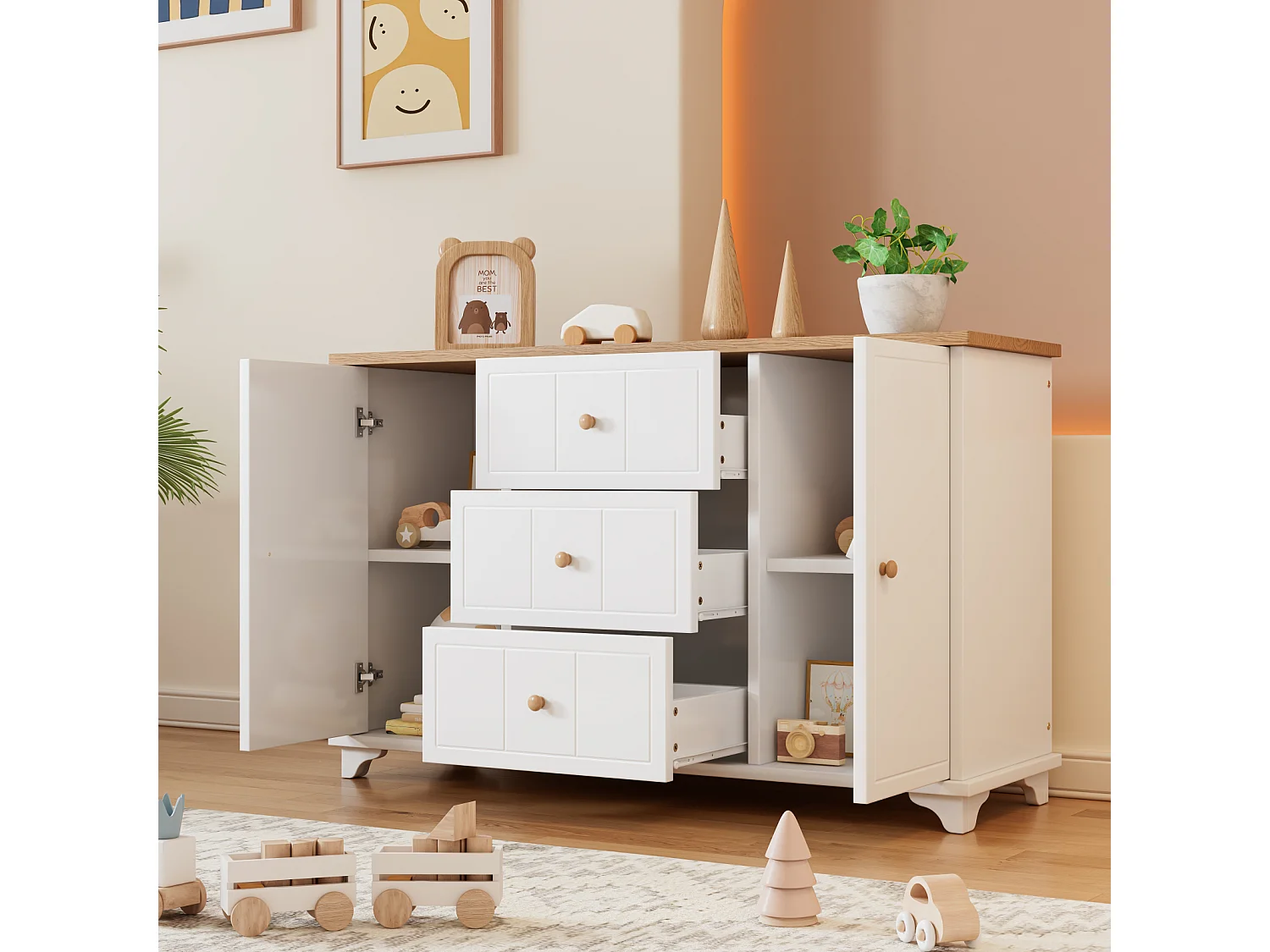 Buffet 140x45x84cm, avec 3 tiroirs et 2 portes, avec poignée, pour le séjour et la chambre, MDF+aggloméré, blanc+naturel
