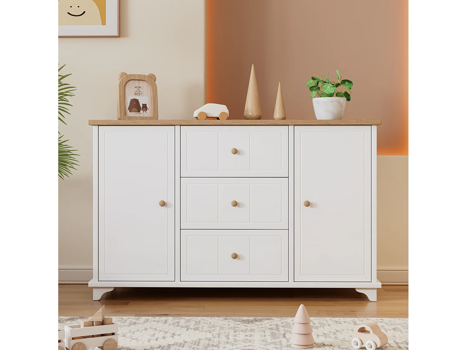 Buffet 140x45x84cm, avec 3 tiroirs et 2 portes, avec poignée, pour le séjour et la chambre, MDF+aggloméré, blanc+naturel