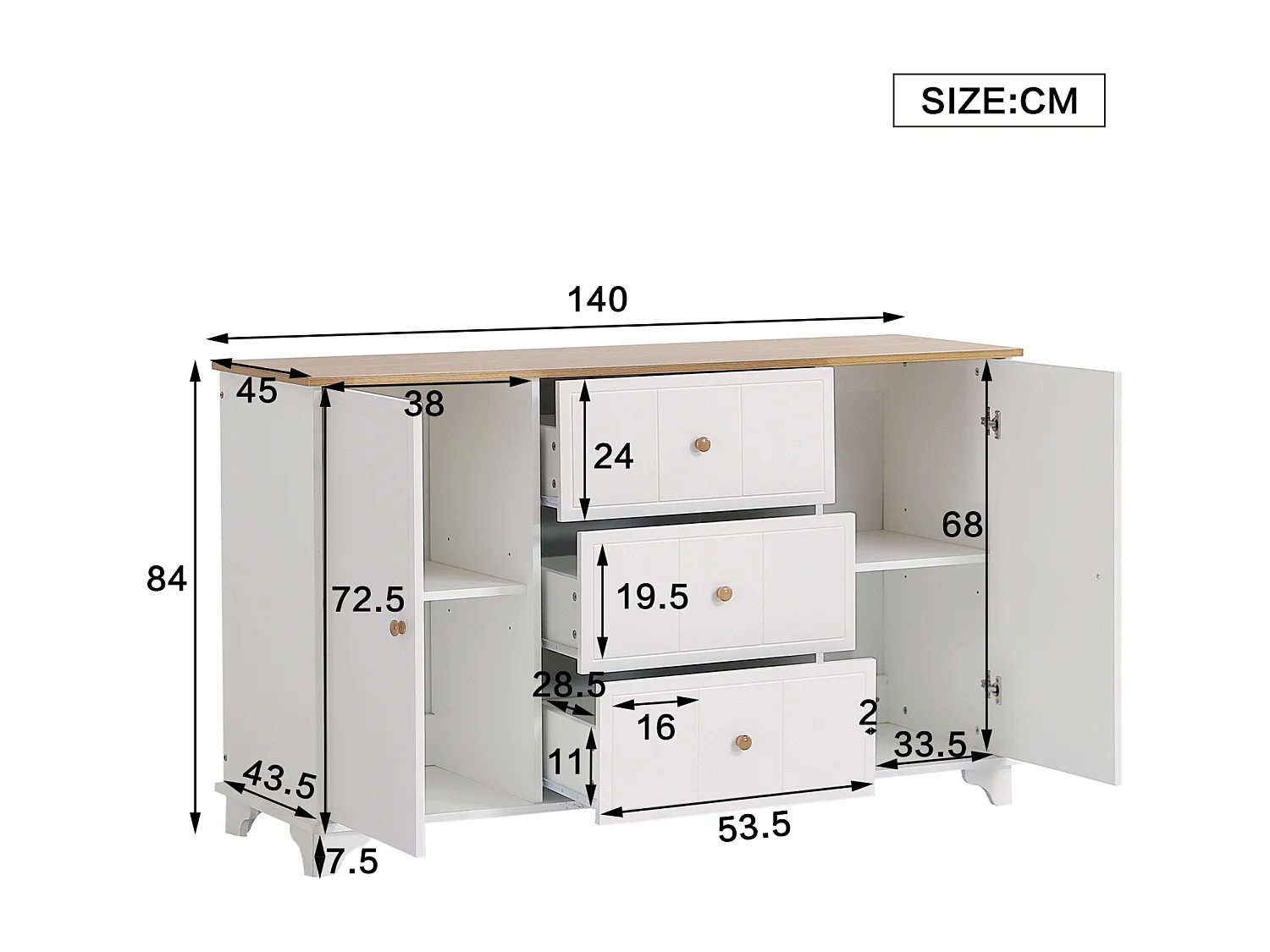 Buffet 140x45x84cm, avec 3 tiroirs et 2 portes, avec poignée, pour le séjour et la chambre, MDF+aggloméré, blanc+naturel