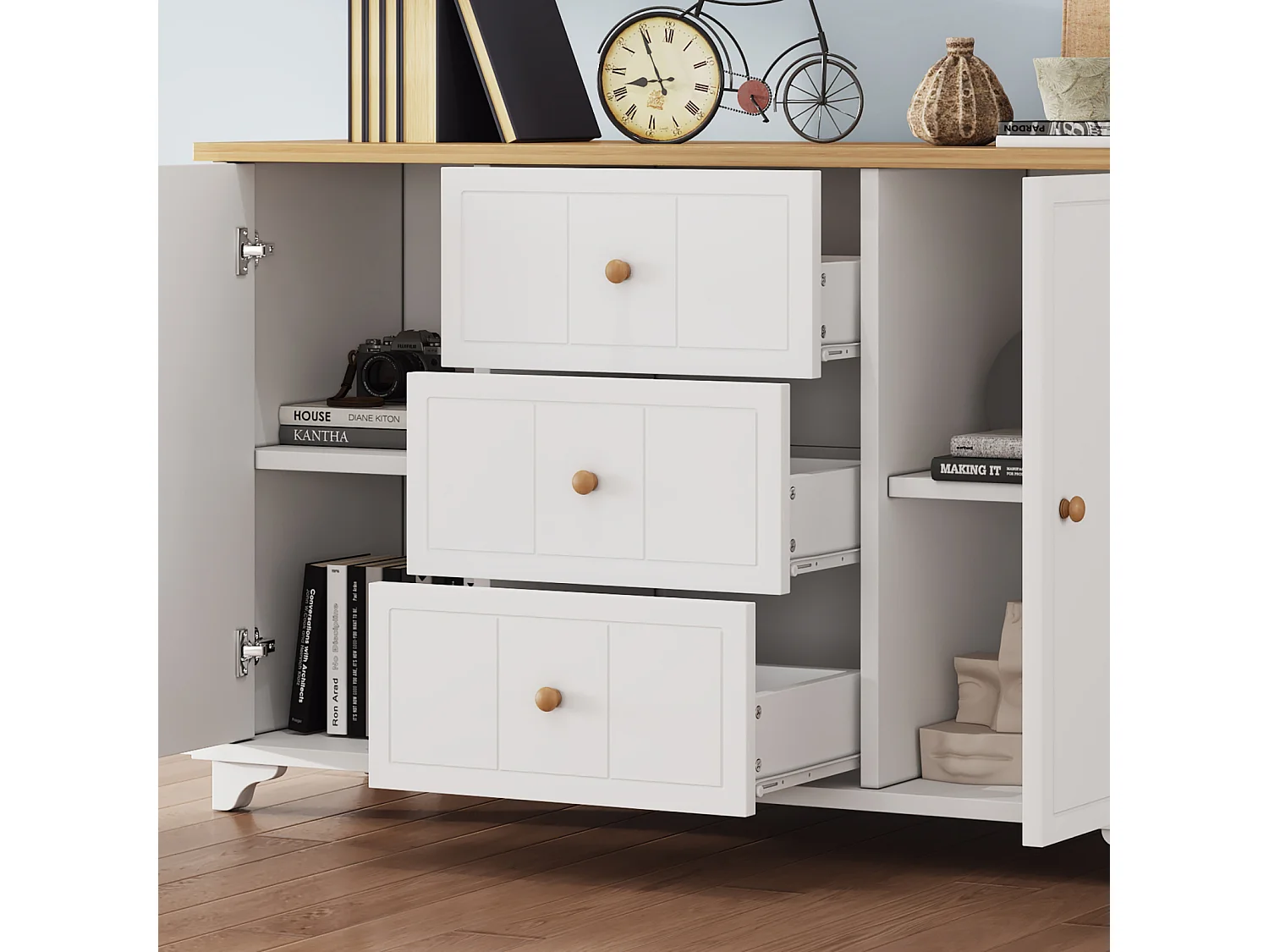 Buffet 140x45x84cm, avec 3 tiroirs et 2 portes, avec poignée, pour le séjour et la chambre, MDF+aggloméré, blanc+naturel