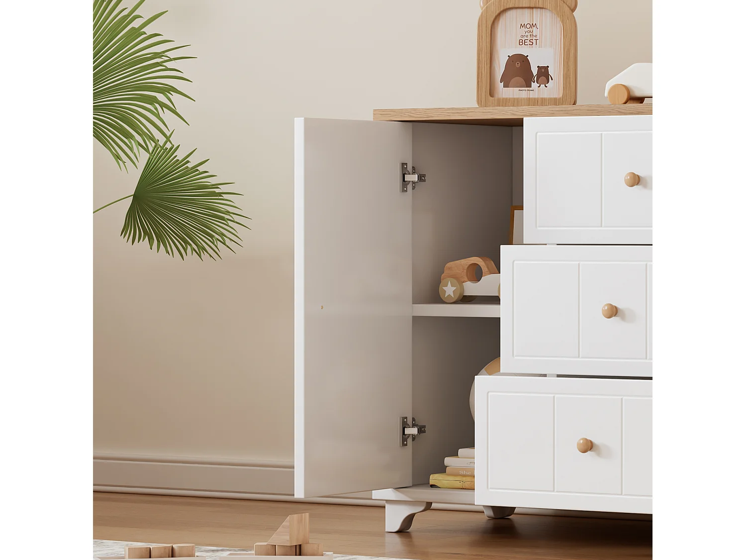 Buffet 140x45x84cm, avec 3 tiroirs et 2 portes, avec poignée, pour le séjour et la chambre, MDF+aggloméré, blanc+naturel