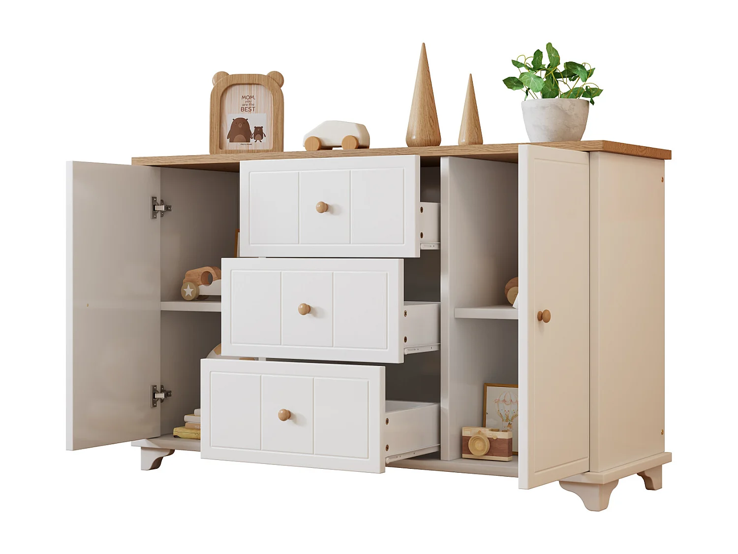 Buffet 140x45x84cm, avec 3 tiroirs et 2 portes, avec poignée, pour le séjour et la chambre, MDF+aggloméré, blanc+naturel