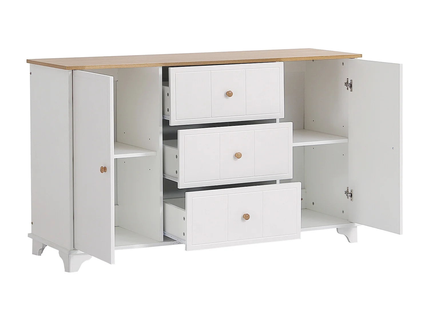 Buffet 140x45x84cm, avec 3 tiroirs et 2 portes, avec poignée, pour le séjour et la chambre, MDF+aggloméré, blanc+naturel