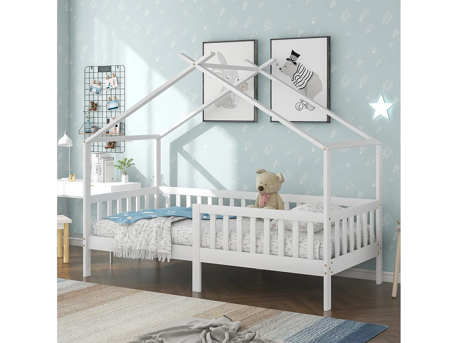 Kinderhutbed 90 x 200 cm van massief hout met leuning en lattenbodem, mooi huisbed met valbeveiliging, wit