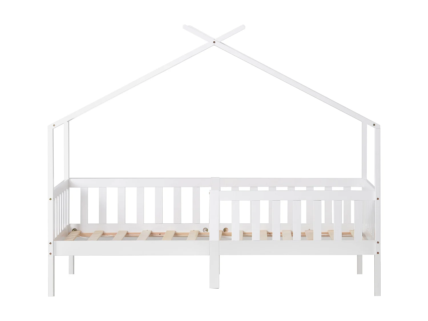 Kinderhutbed 90 x 200 cm van massief hout met leuning en lattenbodem, mooi huisbed met valbeveiliging, wit
