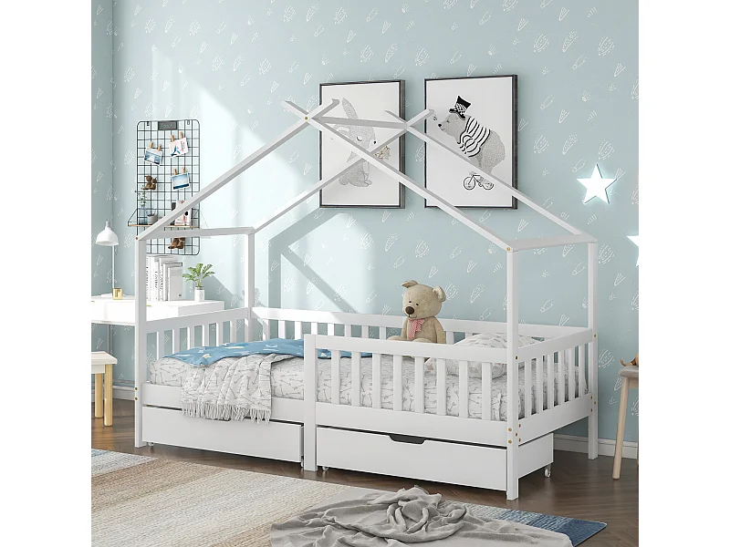 Cama de Cabana Linda Cama de Casa Cama Infantil com 2 Gavetas Madeira Maciça com Vedação e Base com Segurança Anti-Queda Branca (200x90 cm)