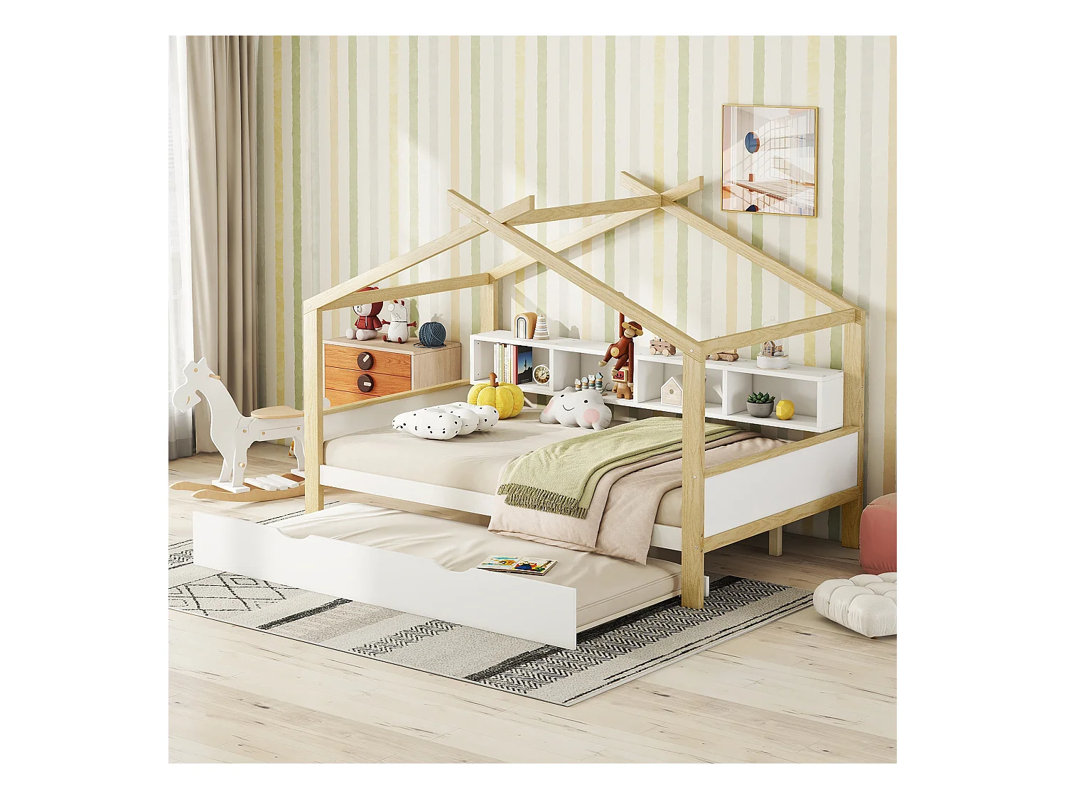 Lit cabane 140x200cm, lit de maison d'enfant, équipé d'un lit gigogne, 4 compartiments de rangement, blanc