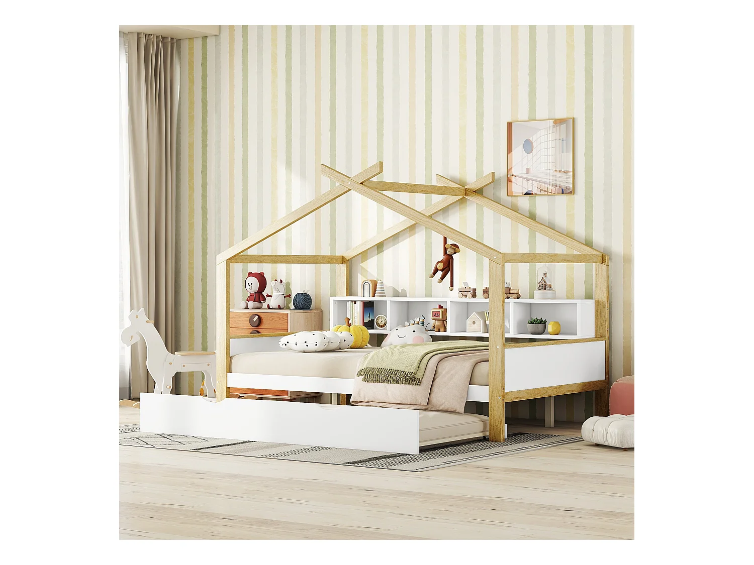 Lit cabane 140x200cm, lit de maison d'enfant, équipé d'un lit gigogne, 4 compartiments de rangement, blanc