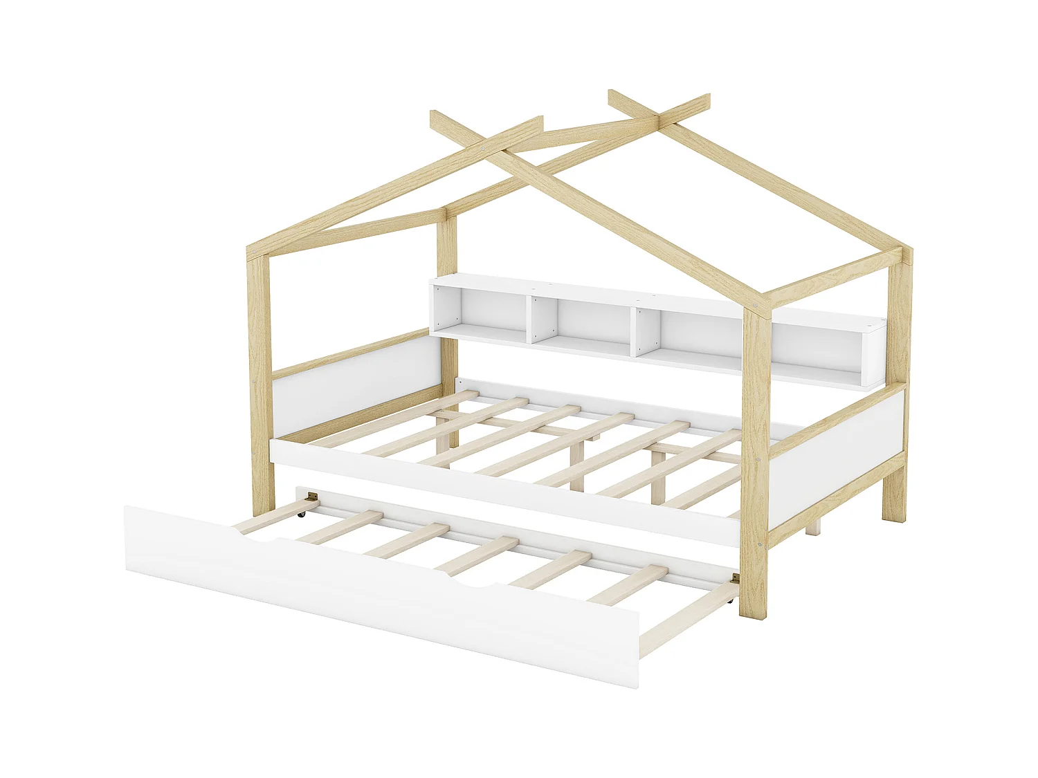 Lit cabane 140x200cm, lit de maison d'enfant, équipé d'un lit gigogne, 4 compartiments de rangement, blanc