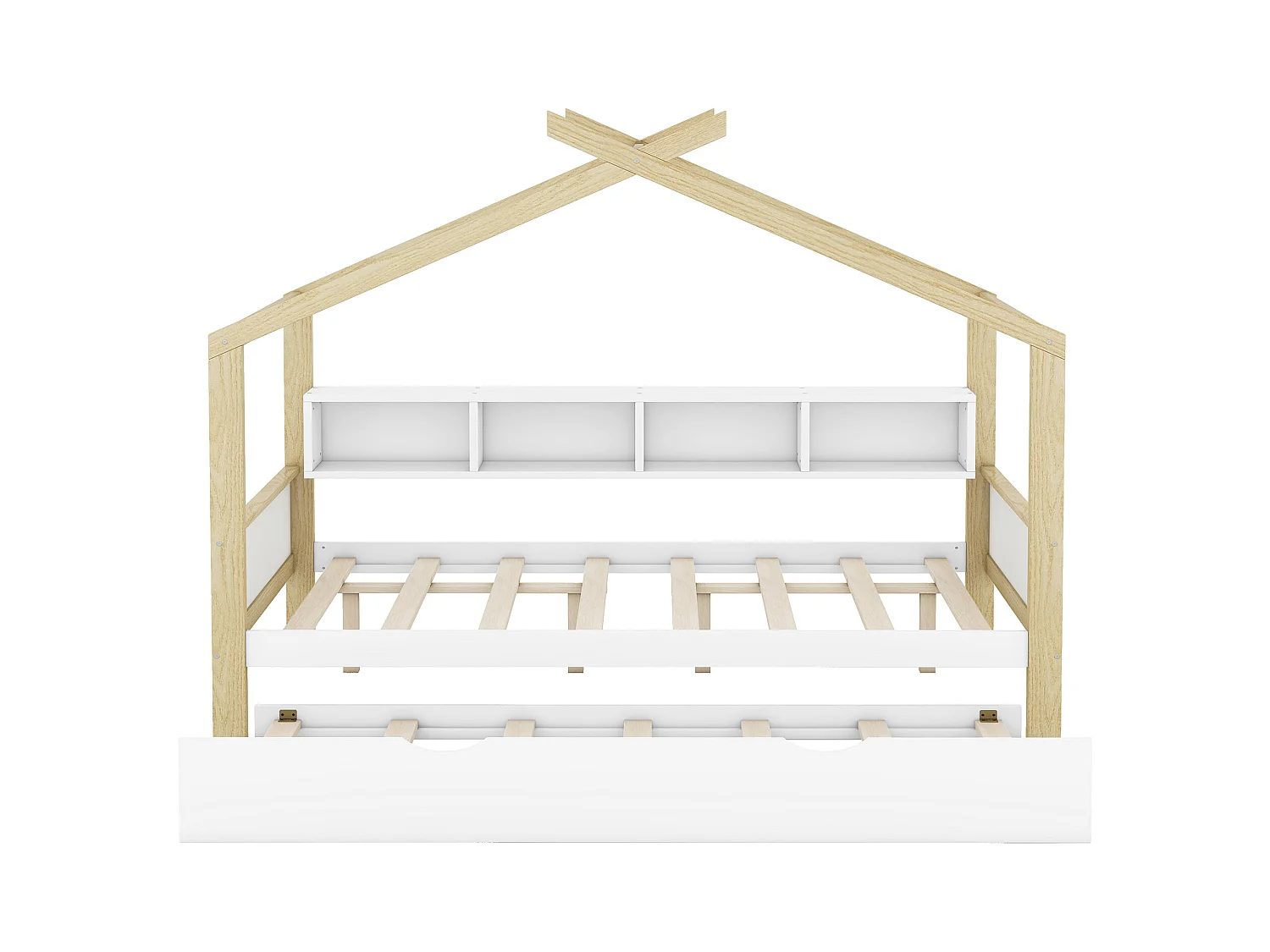 Lit cabane 140x200cm, lit de maison d'enfant, équipé d'un lit gigogne, 4 compartiments de rangement, blanc