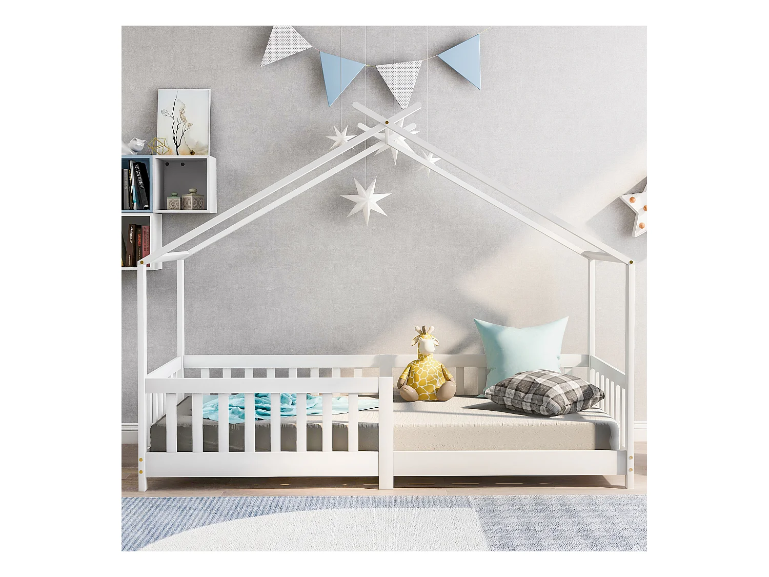 Lit cabane pour enfant, bois massif avec clôture et sommier à lattes, pour chambres d'enfants, blanc (200x90cm)