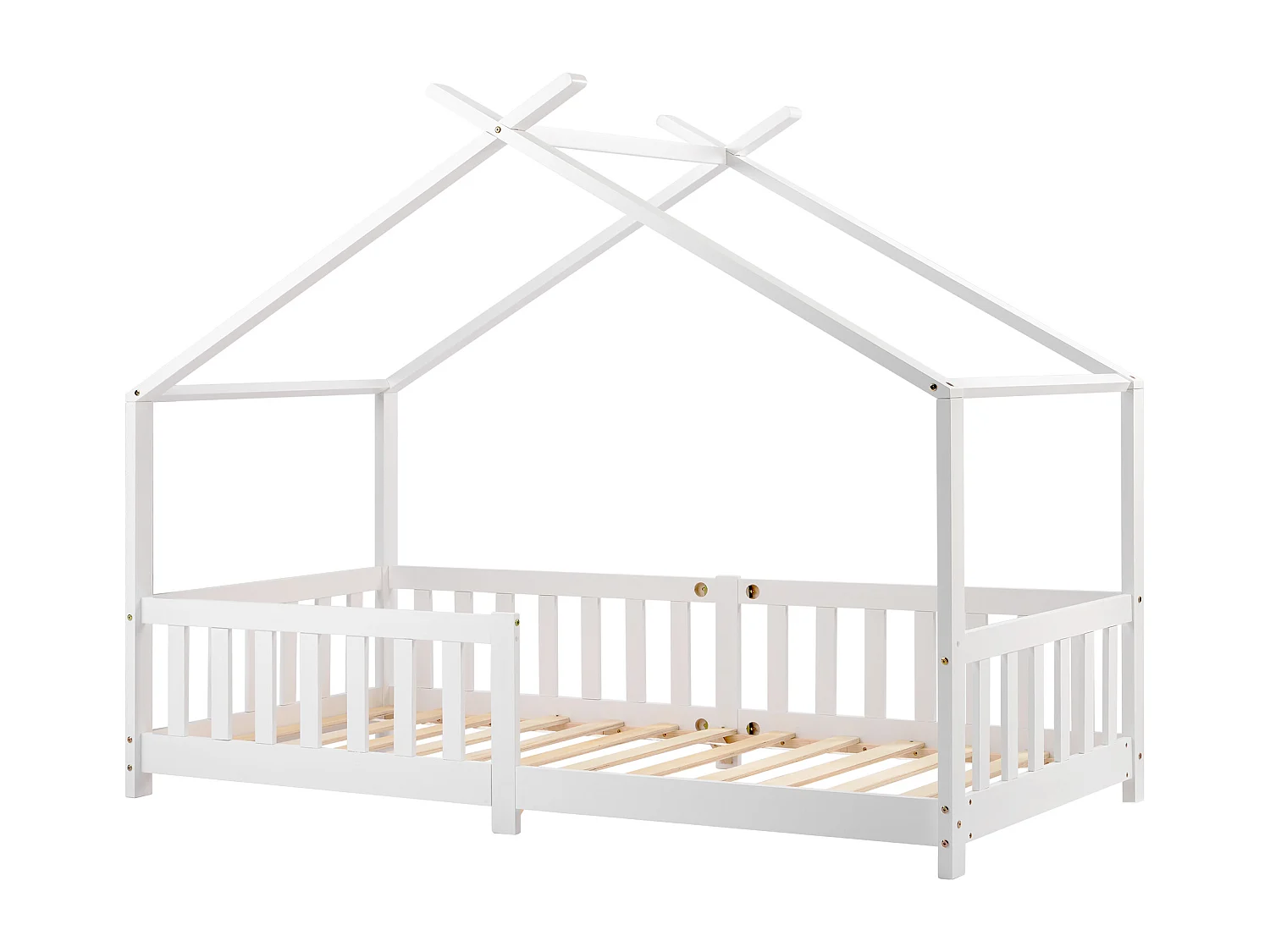 Kinderhutbed, massief hout met omheining en lattenbodem, voor kinderkamers, wit (200x90cm)
