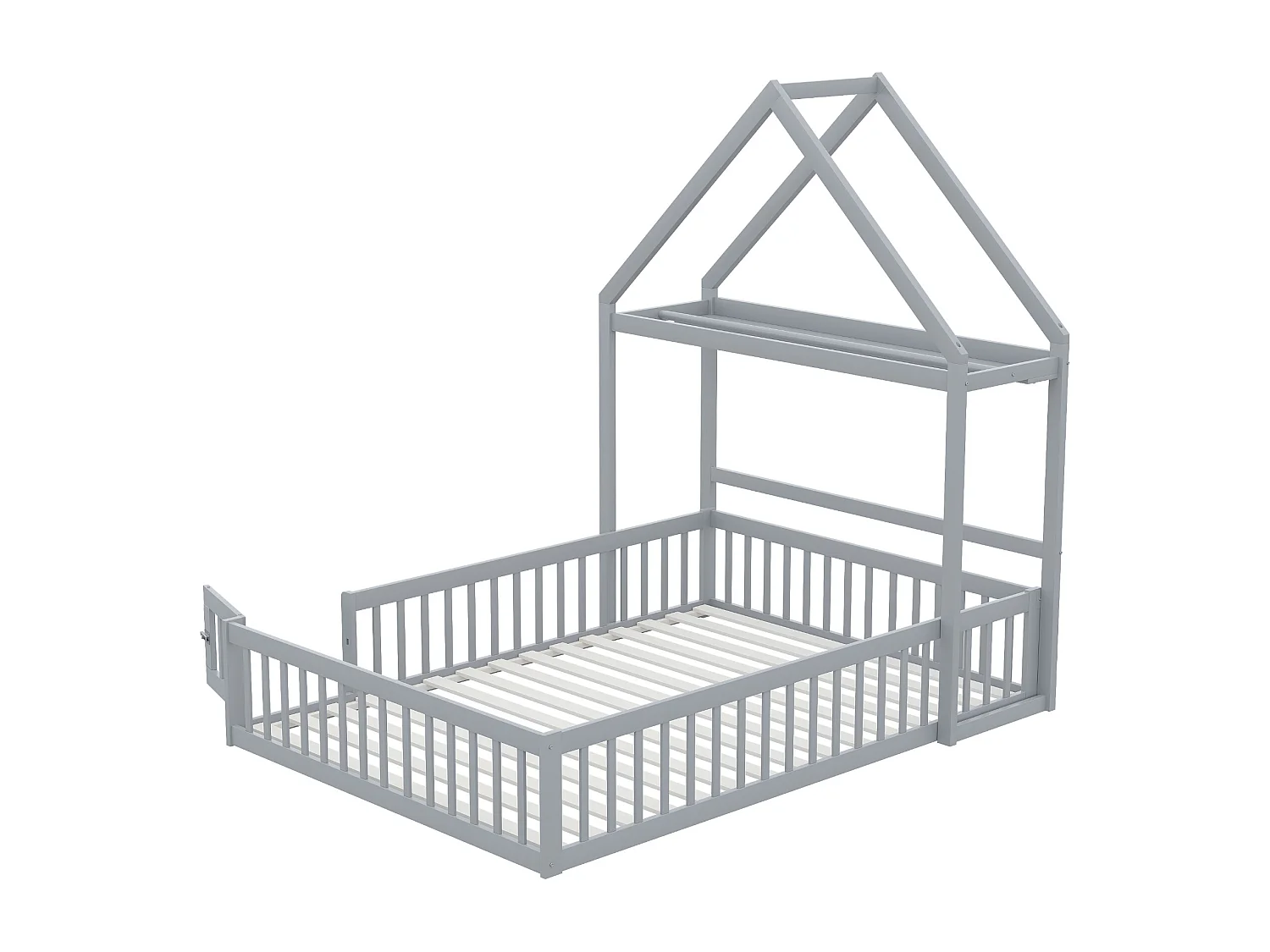 Hochbett 140 x 200 cm, Massivholzrahmen mit Stauraum, Totalschutzbarriere und Türen und Boxspring inklusive, grau