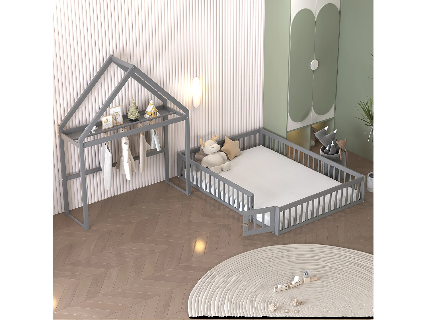 Lit cabane 140x200cm, cadre en bois massif avec espace de rangement, barrière de protection totale et portes et sommier inclus, gris