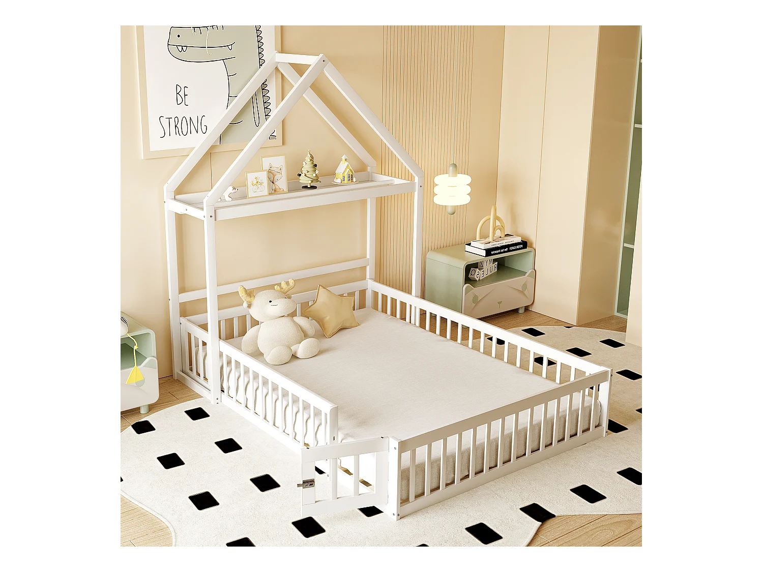 Lit cabane 140x200cm, cadre en bois massif avec espace de rangement, barrière de protection totale et portes et sommier inclus, blanc