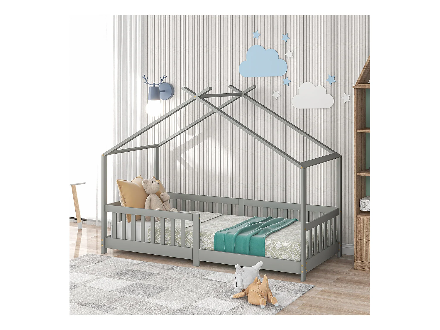 Lit cabane pour enfant, bois massif avec clôture et sommier à lattes, pour chambres d'enfants, gris (200x90cm)