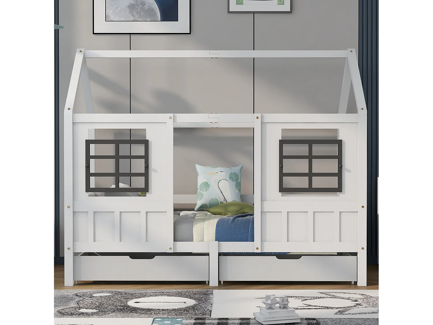 Lit cabane, lit simple, lit de repos, lit enfant avec 2 fenêtres, cadre en pin, MDF, blanc (200x90cm) OKWISH