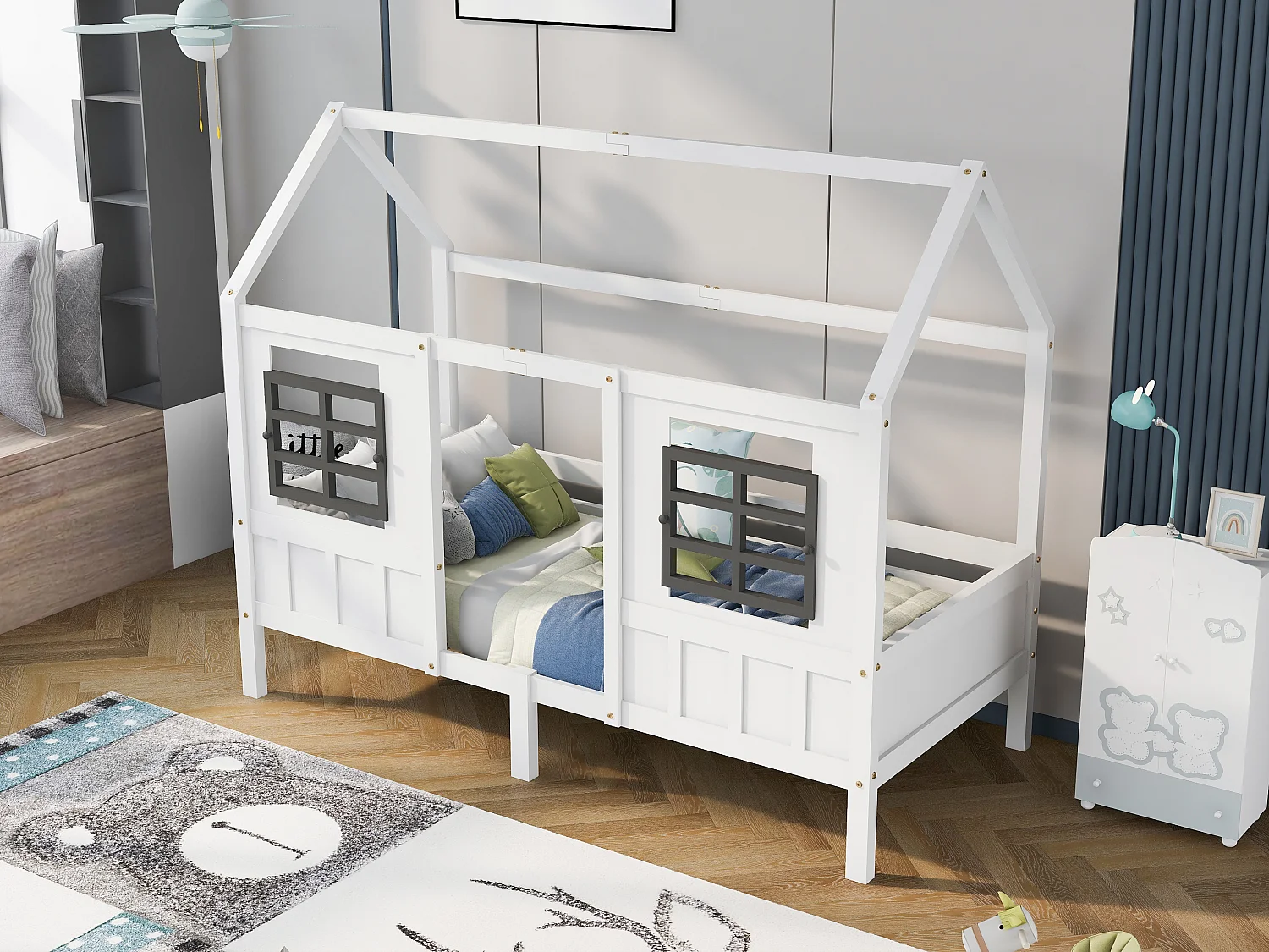 Lit cabane, lit simple, lit de repos, lit enfant avec 2 fenêtres, cadre en pin, MDF, blanc (200x90cm) OKWISH