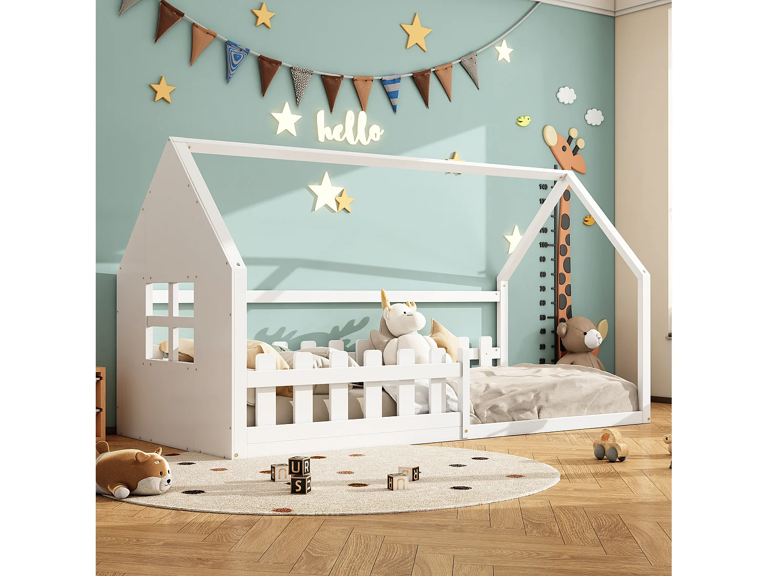 Lit cabane 90x200cm, lit plat d'enfant avec barre de maison, sommier à lattes, pin, blanc