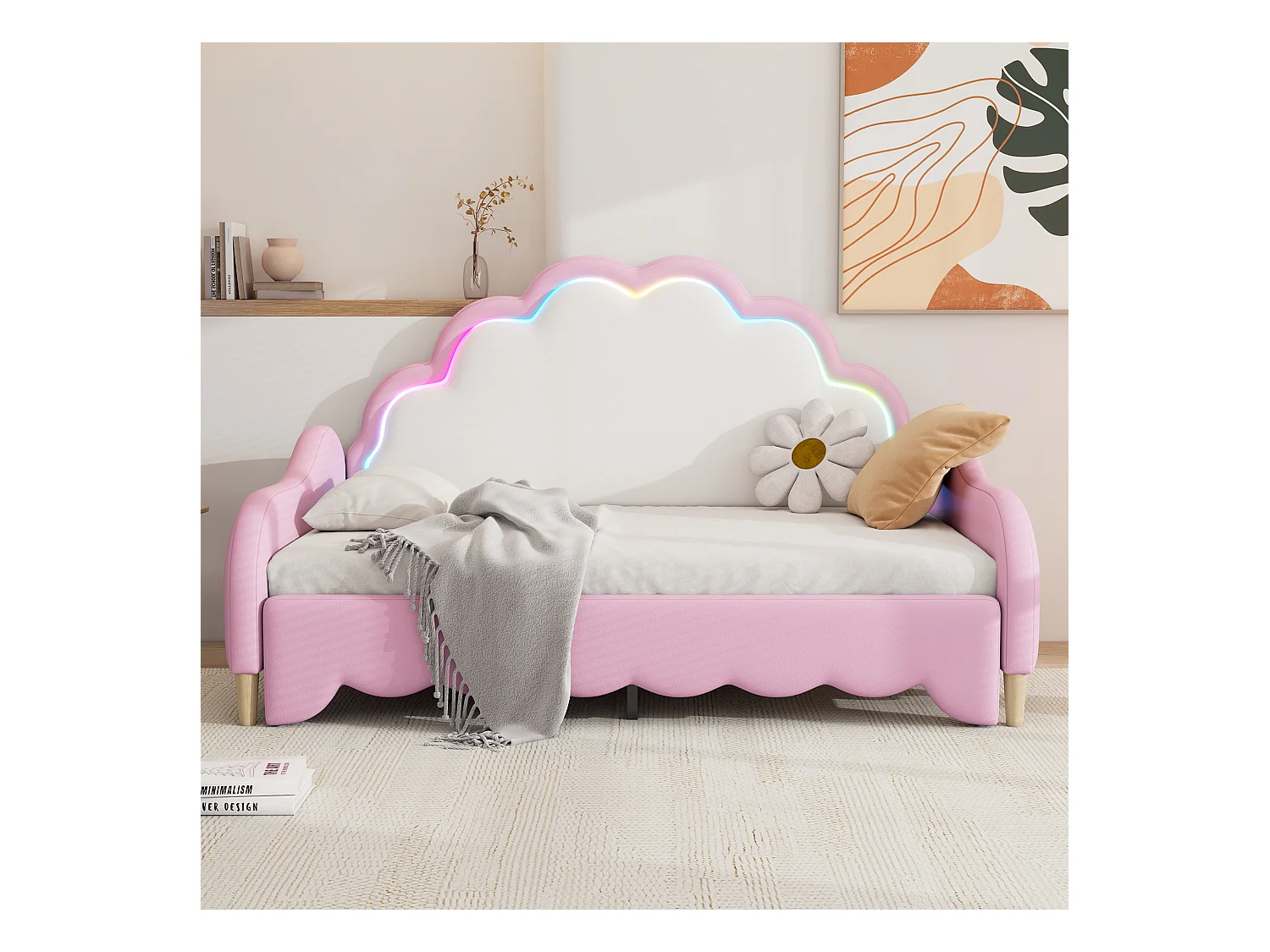 Lit gigogne 140x200cm, canapé lit transformable, tête de lit avec lumière courante, sans matelas, rose