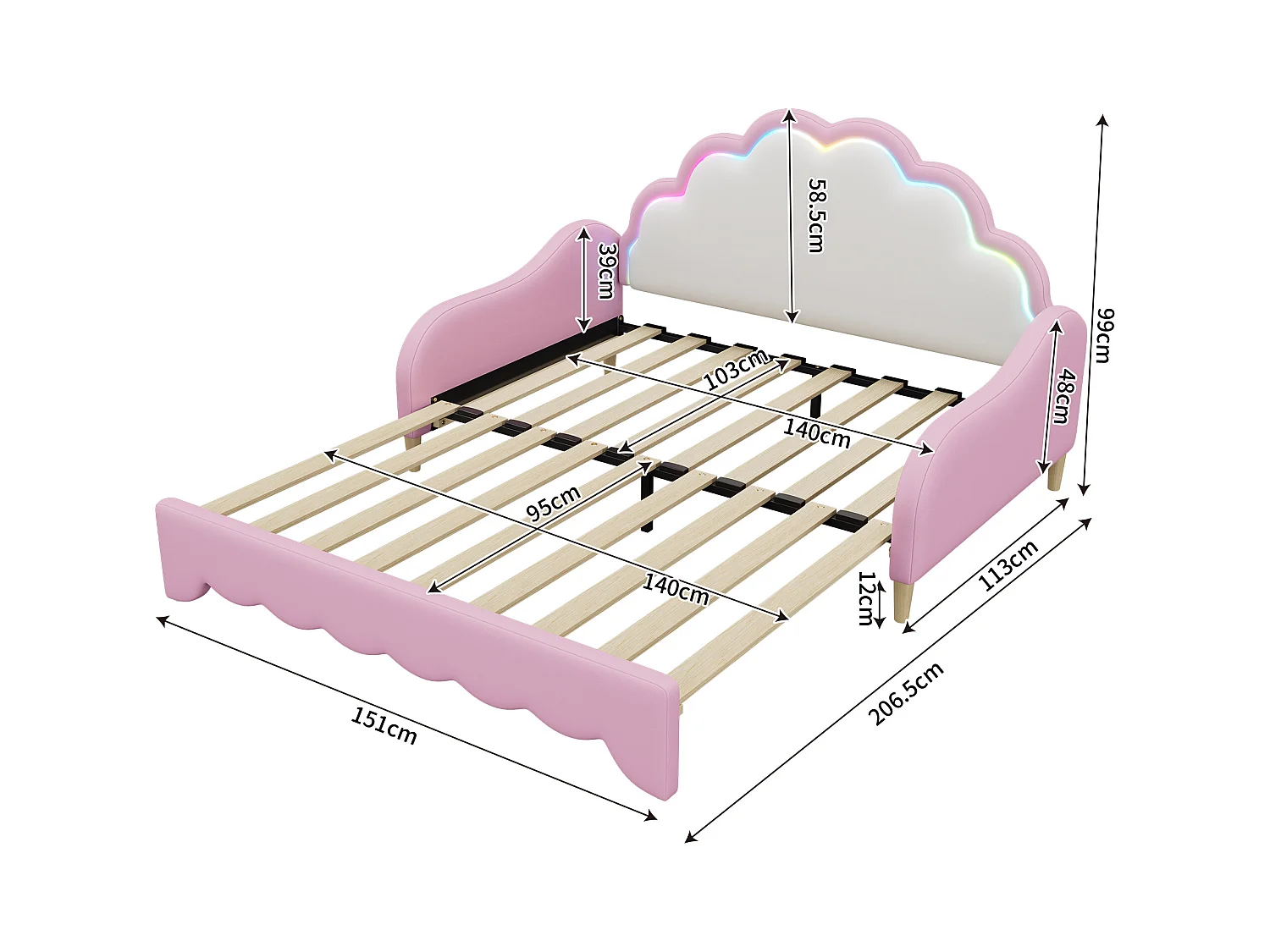 Lit gigogne 140x200cm, canapé lit transformable, tête de lit avec lumière courante, sans matelas, rose