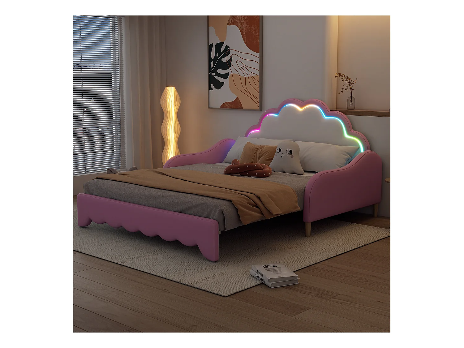 Lit gigogne 140x200cm, canapé lit transformable, tête de lit avec lumière courante, sans matelas, rose