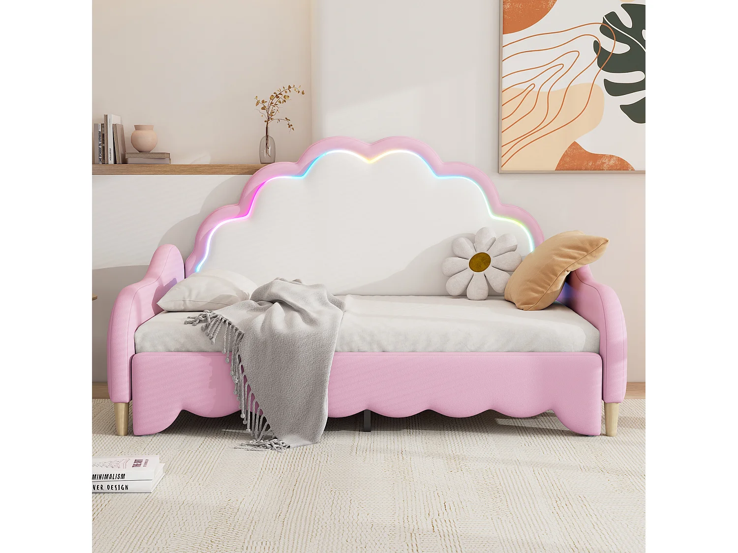 Lit gigogne 140x200cm, canapé lit transformable, tête de lit avec lumière courante, sans matelas, rose