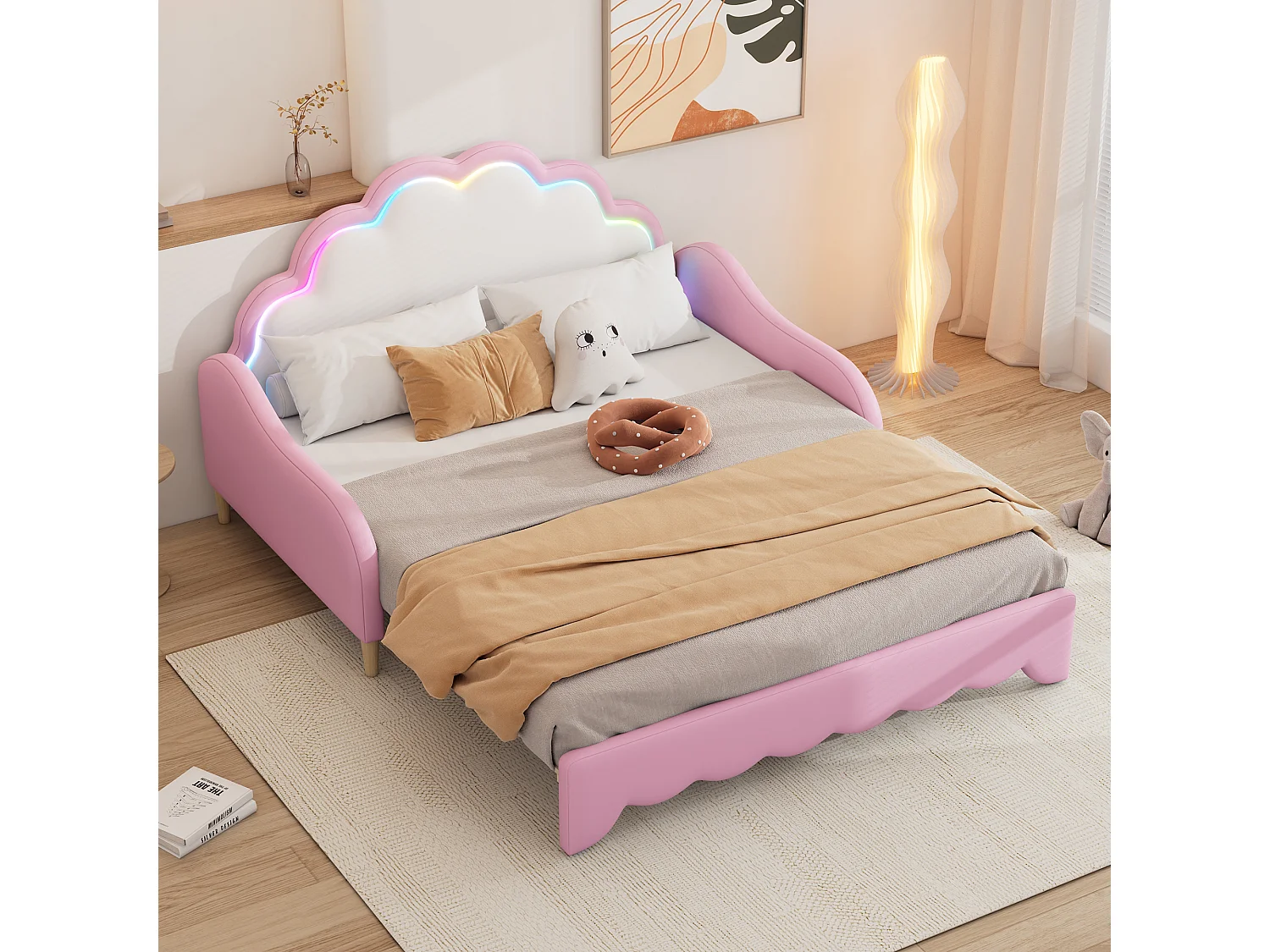 Lit gigogne 140x200cm, canapé lit transformable, tête de lit avec lumière courante, sans matelas, rose