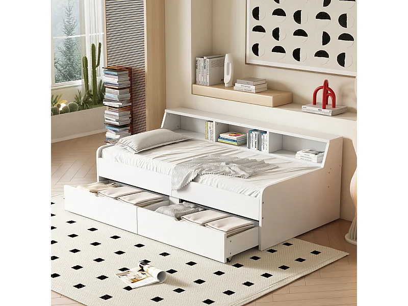 Cama infantil individual 90x200 cm, lino de pino con 2 cajones y pequeño compartimento de almacenamiento, somier, blanco